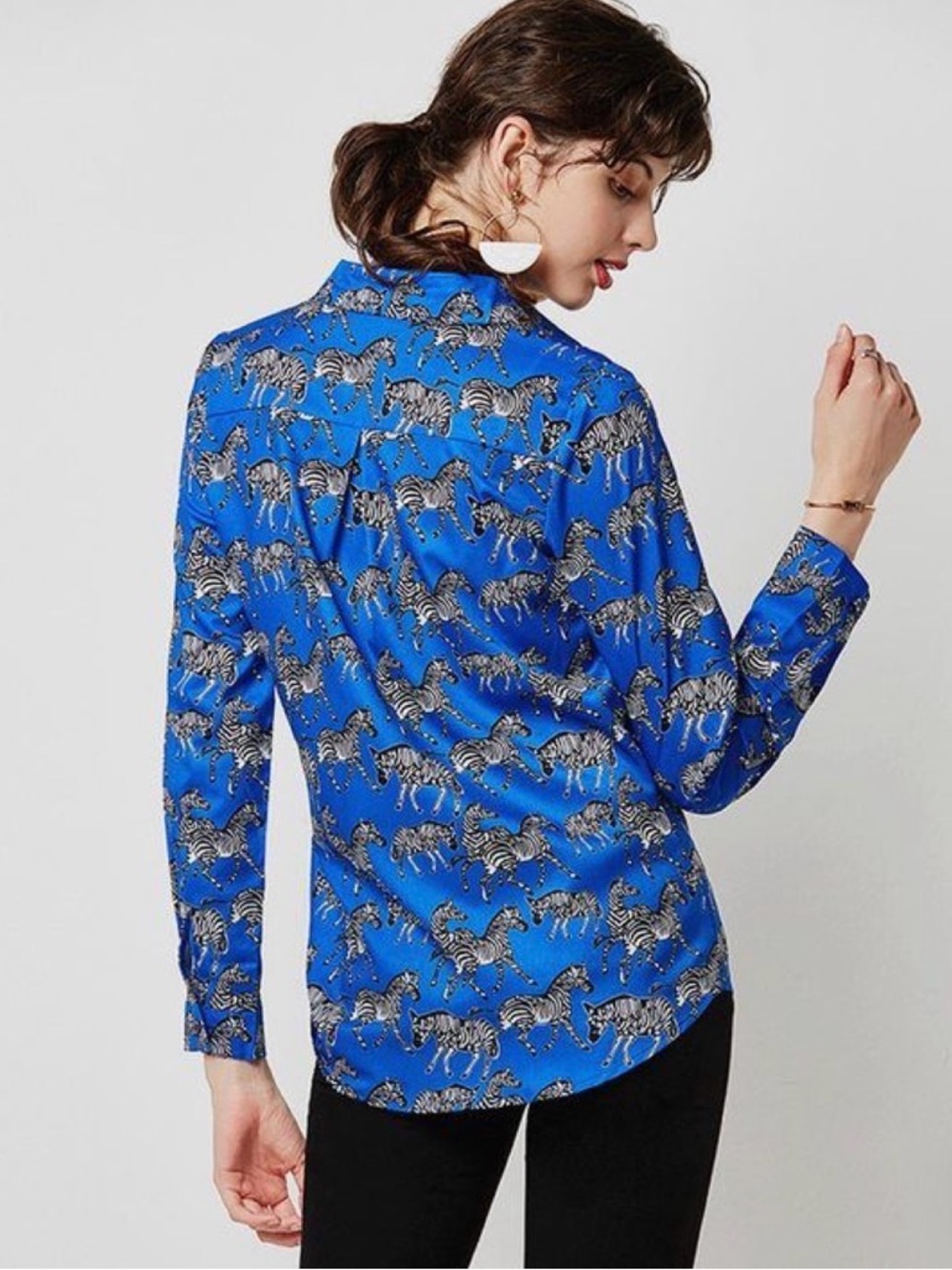Zara Royal Blue Long Sleeve Button Down Top Shirt Zebra Prints Sz XS - Picture 3 of 12